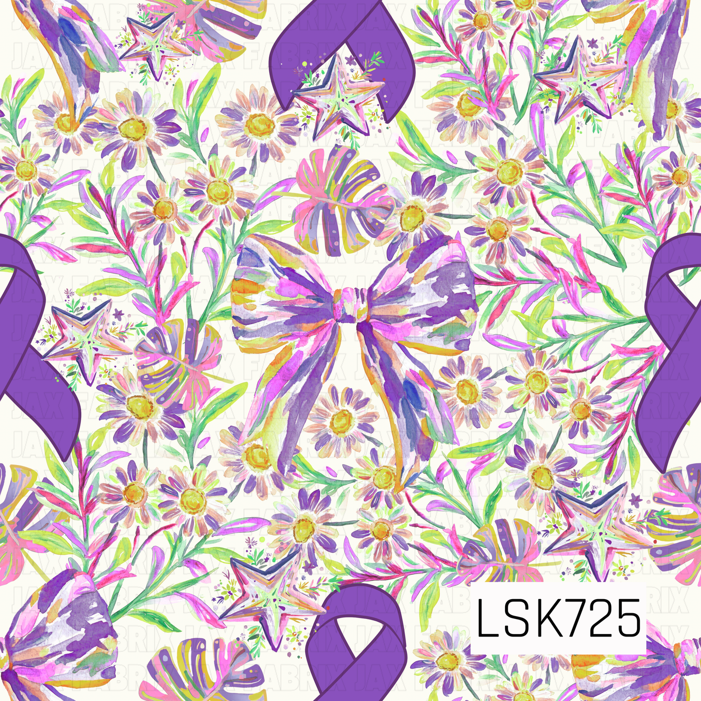 A vibrant watercolor seamless design featuring bold purple awareness ribbons surrounded by colorful florals, oversized painted bows, decorative stars, and lush greenery. Bright shades of purple, pink, yellow, orange, and green create a cheerful and uplifting look against a soft cream background.

