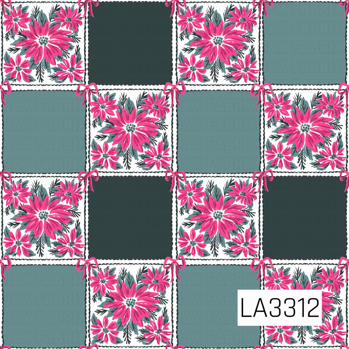 A festive Christmas patchwork pattern featuring bright pink poinsettias, evergreen sprigs and leafy accents paired with alternating dark forest green and soft sage squares. Delicate pink bows accent the corners, giving it a fun, preppy holiday feel.
