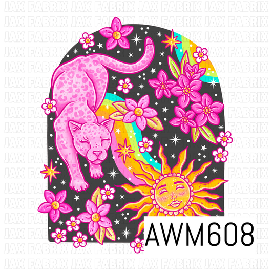 A vibrant celestial leopard PNG featuring a pink spotted leopard surrounded by bold pink florals, a smiling golden sun, colorful rainbows, stars and sparkles on a dark background.
Perfect for shirts, tumblers, bags, fabric panels, keychains, stickers and other colorful celestial or animal-themed projects.