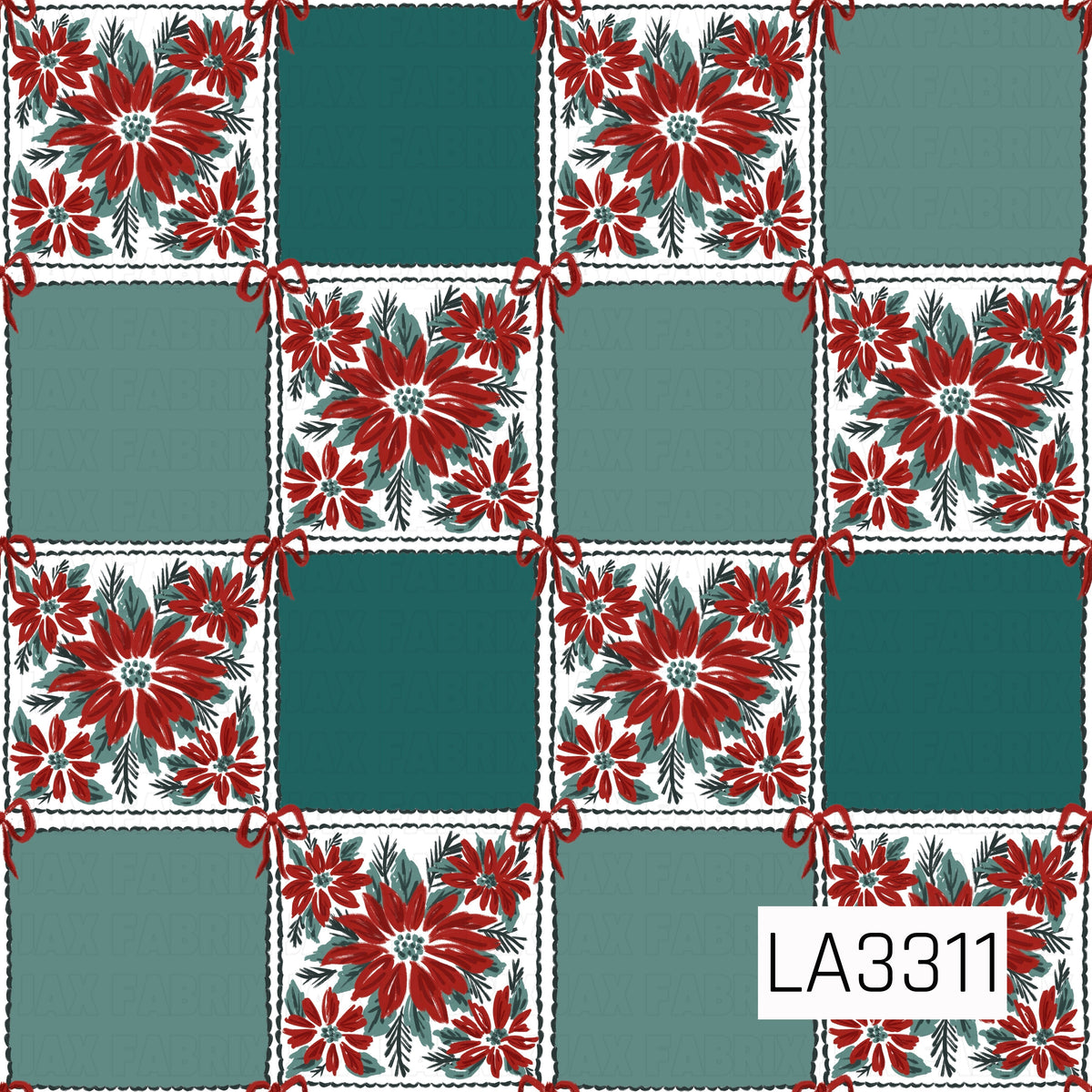 A classic Christmas patchwork pattern featuring rich red poinsettias, evergreen sprigs and leafy accents mixed with alternating teal and sage green squares. Delicate red bows accent the corners, giving the design a charming vintage-inspired holiday feel.
