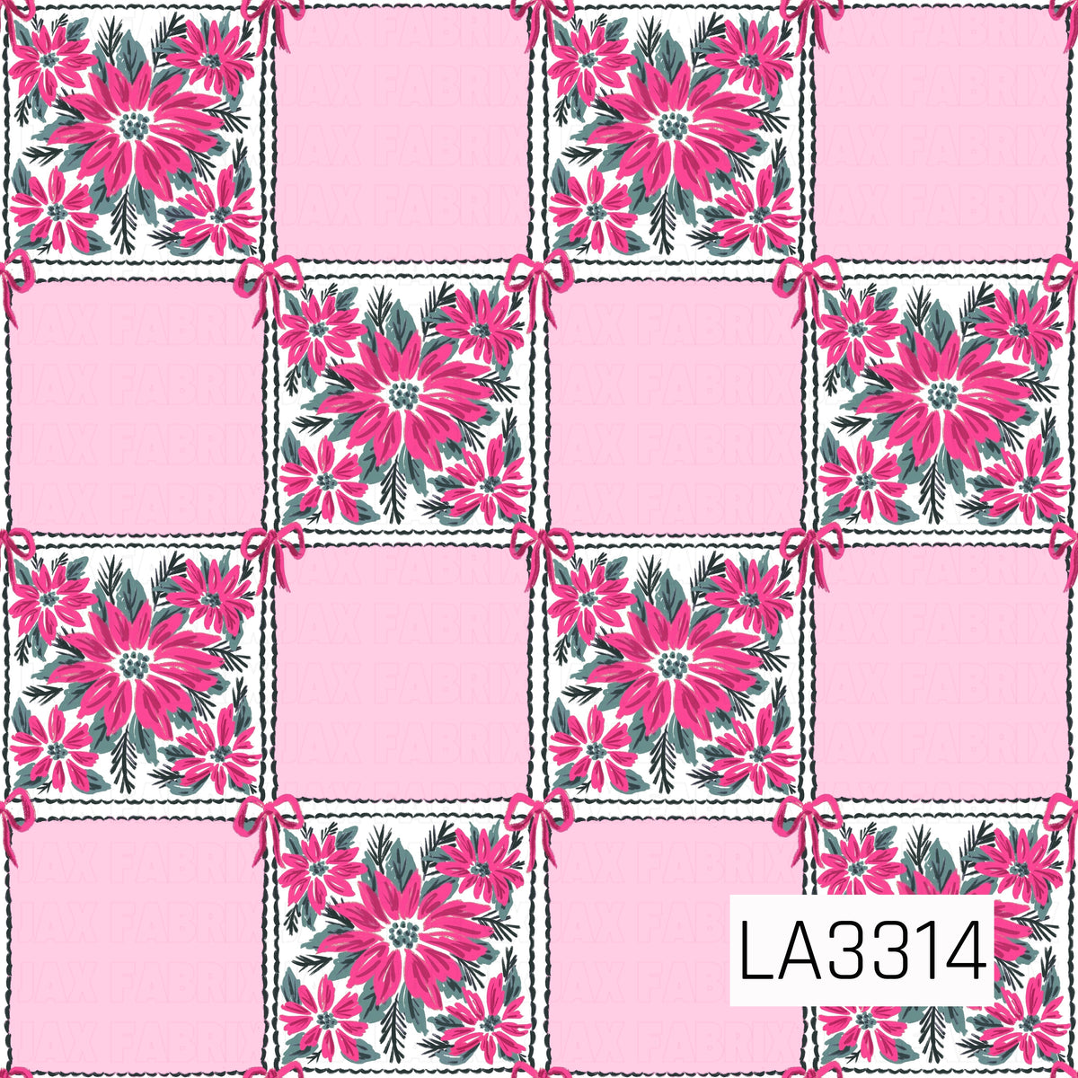 A playful Christmas patchwork pattern featuring bright pink poinsettias, evergreen sprigs and leafy accents alternating with medium pink squares. Delicate pink bows accent each corner, giving the design a bold, feminine and preppy holiday feel.

