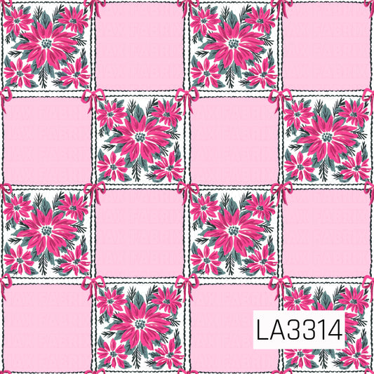 A playful Christmas patchwork pattern featuring bright pink poinsettias, evergreen sprigs and leafy accents alternating with medium pink squares. Delicate pink bows accent each corner, giving the design a bold, feminine and preppy holiday feel.
