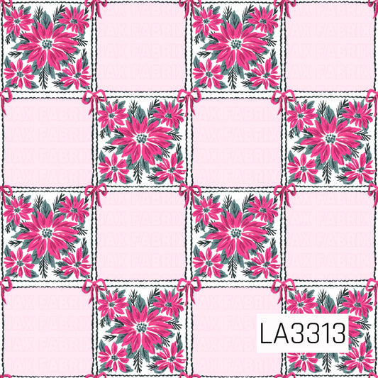 A playful Christmas patchwork pattern featuring bright pink poinsettias, evergreen sprigs and leafy accents alternating with soft blush pink squares. Delicate pink bows decorate the corners, giving the design a sweet, feminine and preppy holiday feel.
