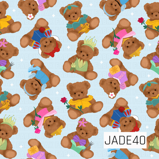 An adorable seamless pattern featuring teddy bears dressed as beloved fairytale princesses on a soft blue background. Surrounded by sparkling stars and charming royal details, this whimsical design is full of playful storybook magic and sweet nostalgic charm.
