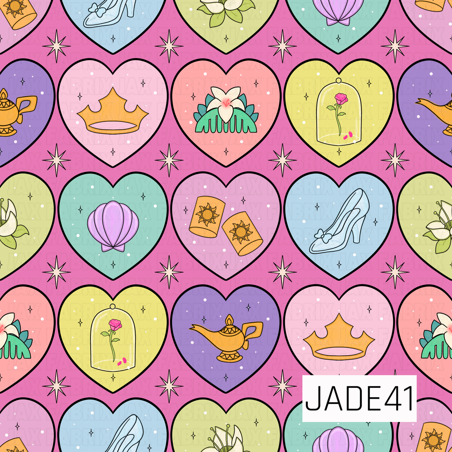 A charming seamless pattern of pastel hearts featuring whimsical fairytale-inspired icons, including glass slippers, crowns, enchanted roses, lanterns, seashells, magic lamps, and floral accents. Set on a vibrant pink background with twinkling stars, this playful design is full of sweet storybook charm.
