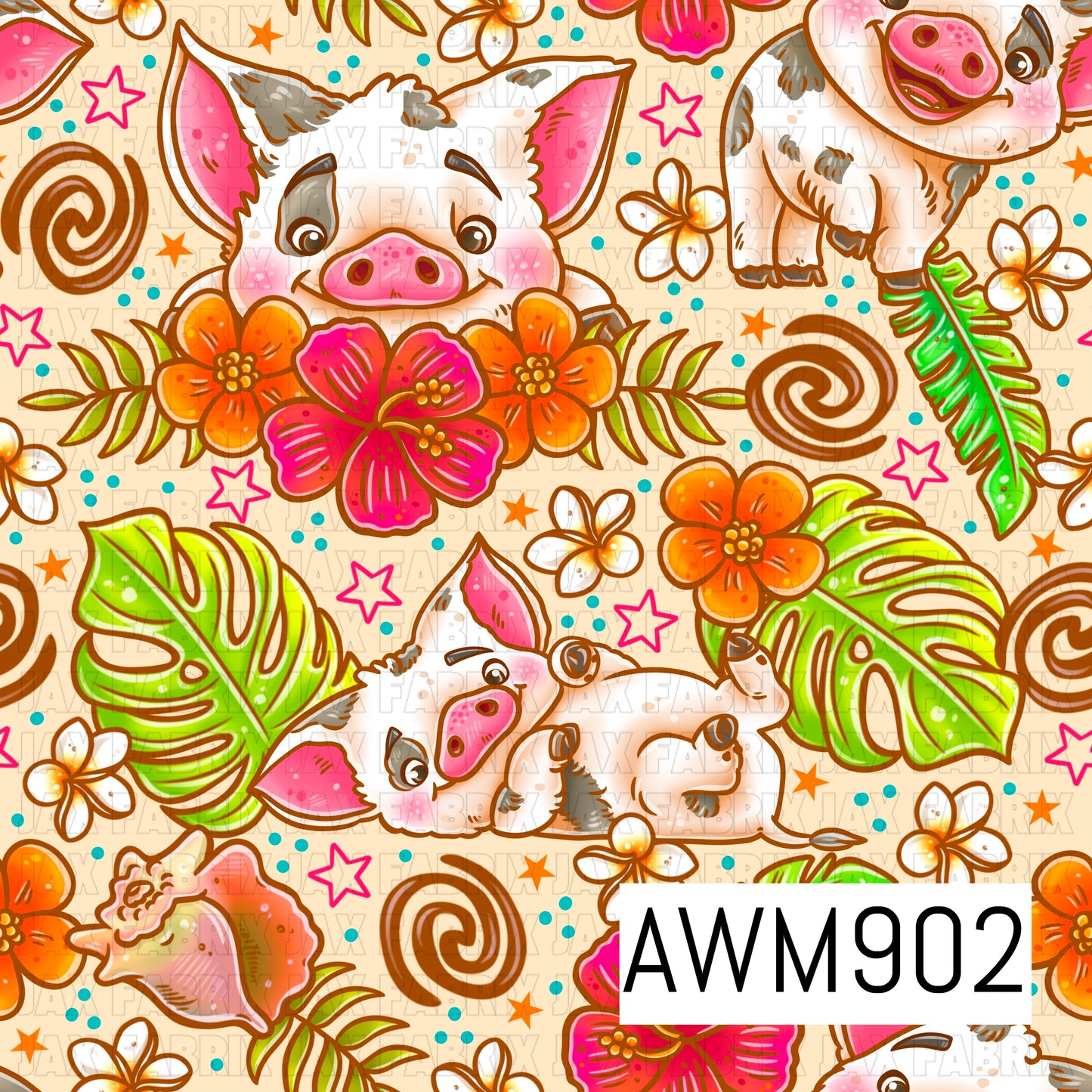 Adorable tropical pig seamless pattern featuring playful piglets surrounded by vibrant hibiscus flowers, monstera leaves, plumeria blossoms, seashells, and whimsical swirl accents. Set against a warm cream background with colorful stars and tropical details, this charming design combines cute farm animals with a fun island-inspired aesthetic, creating a cheerful and lively repeating pattern perfect for summer and beach-themed projects.