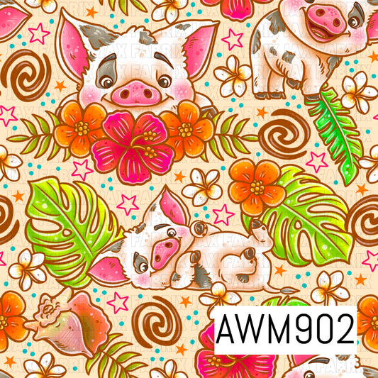 Adorable tropical pig seamless pattern featuring playful piglets surrounded by vibrant hibiscus flowers, monstera leaves, plumeria blossoms, seashells, and whimsical swirl accents. Set against a warm cream background with colorful stars and tropical details, this charming design combines cute farm animals with a fun island-inspired aesthetic, creating a cheerful and lively repeating pattern perfect for summer and beach-themed projects.