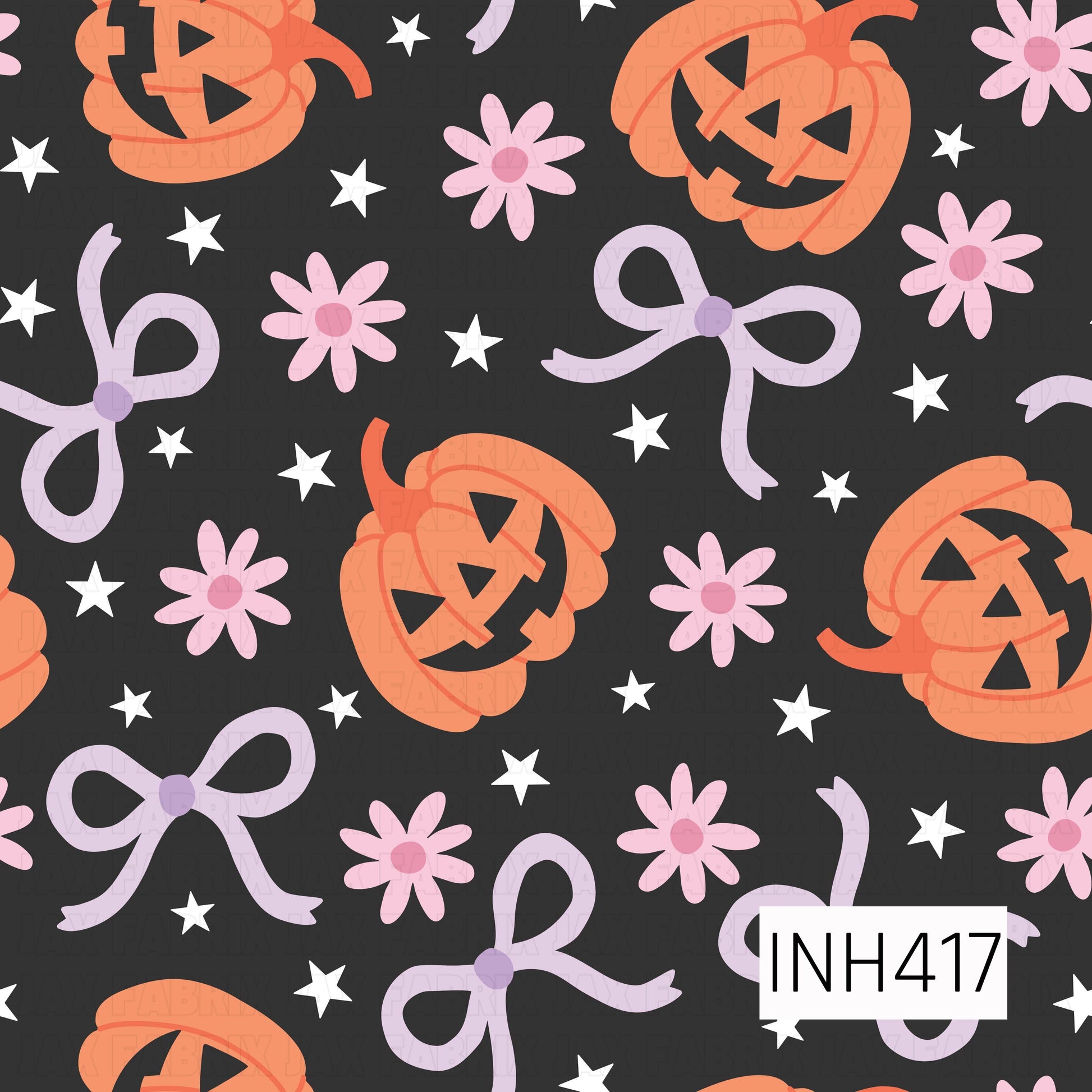 A playful Halloween pattern featuring smiling jack-o'-lanterns, lavender bows, pink daisy flowers, and scattered white stars on a black background. The whimsical design combines soft pastel accents with classic Halloween pumpkins for a fun, festive look.
