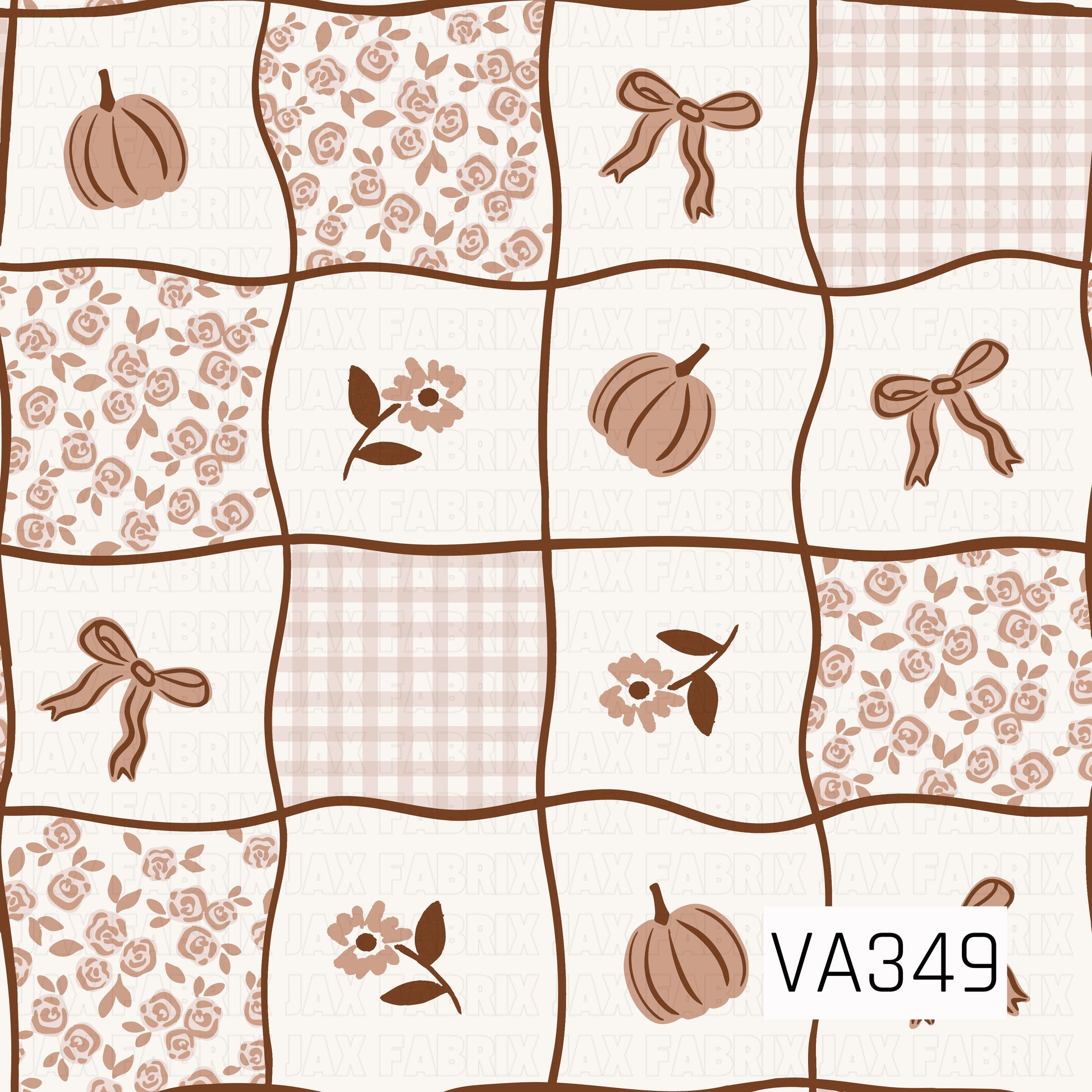 A cozy patchwork design featuring hand-drawn pumpkins, delicate floral sprigs, dainty bows, soft gingham, and tiny rose prints in warm brown and cream tones. The wavy quilt-style blocks create a charming vintage fall aesthetic perfect for seasonal projects.
