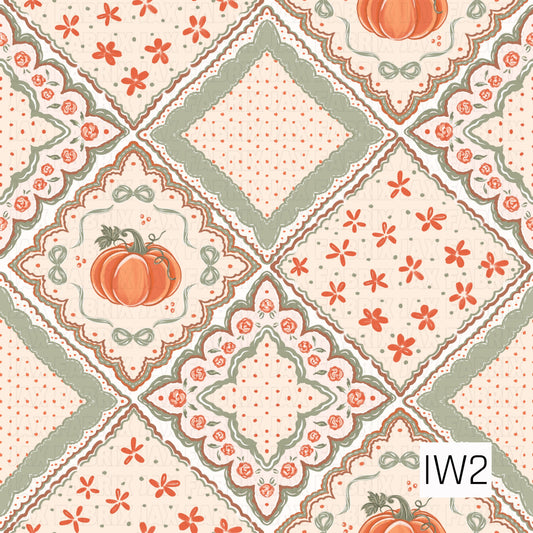 A cozy fall patchwork design featuring pumpkins, delicate florals, bows, and decorative quilt-inspired motifs. Warm burnt orange is paired with soft sage green and creamy neutrals, creating a charming vintage-inspired autumn look with lots of intricate detail.
