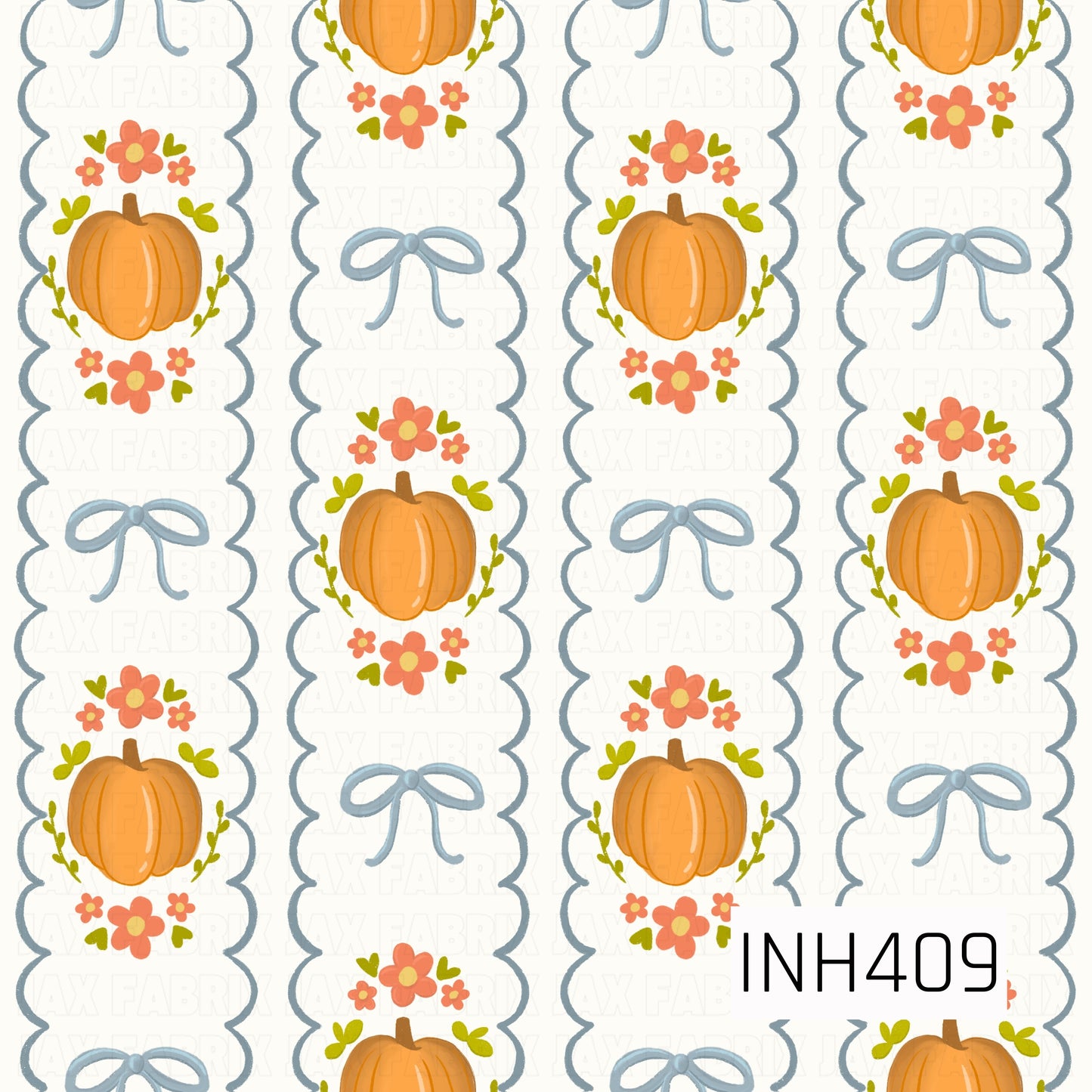 A charming coquette-inspired fall pattern featuring orange pumpkins, coral flowers, green foliage, and soft blue bows arranged in alternating scalloped vertical panels on a creamy white background.
