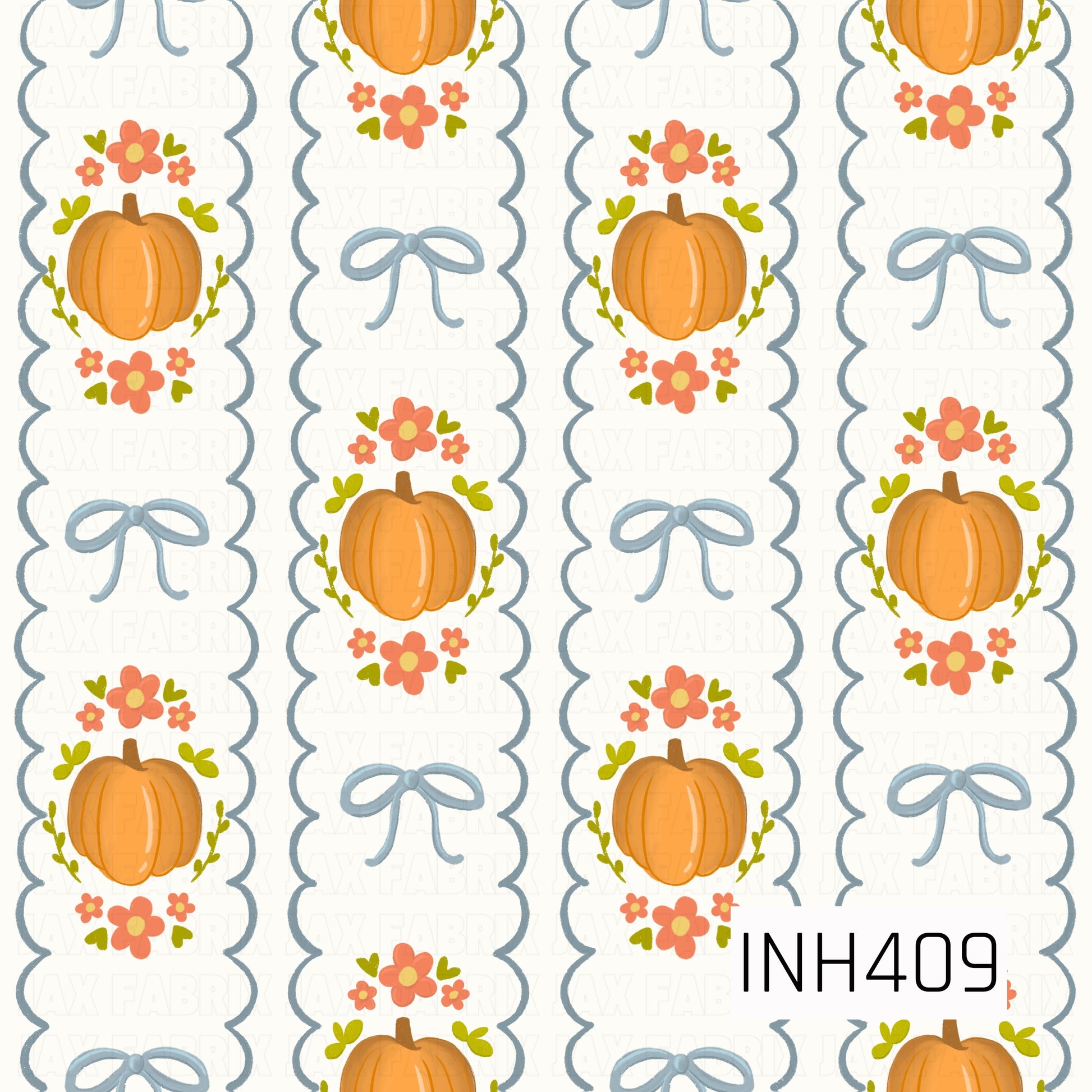 A charming coquette-inspired fall pattern featuring orange pumpkins, coral flowers, green foliage, and soft blue bows arranged in alternating scalloped vertical panels on a creamy white background.
