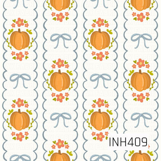A charming coquette-inspired fall pattern featuring orange pumpkins, coral flowers, green foliage, and soft blue bows arranged in alternating scalloped vertical panels on a creamy white background.
