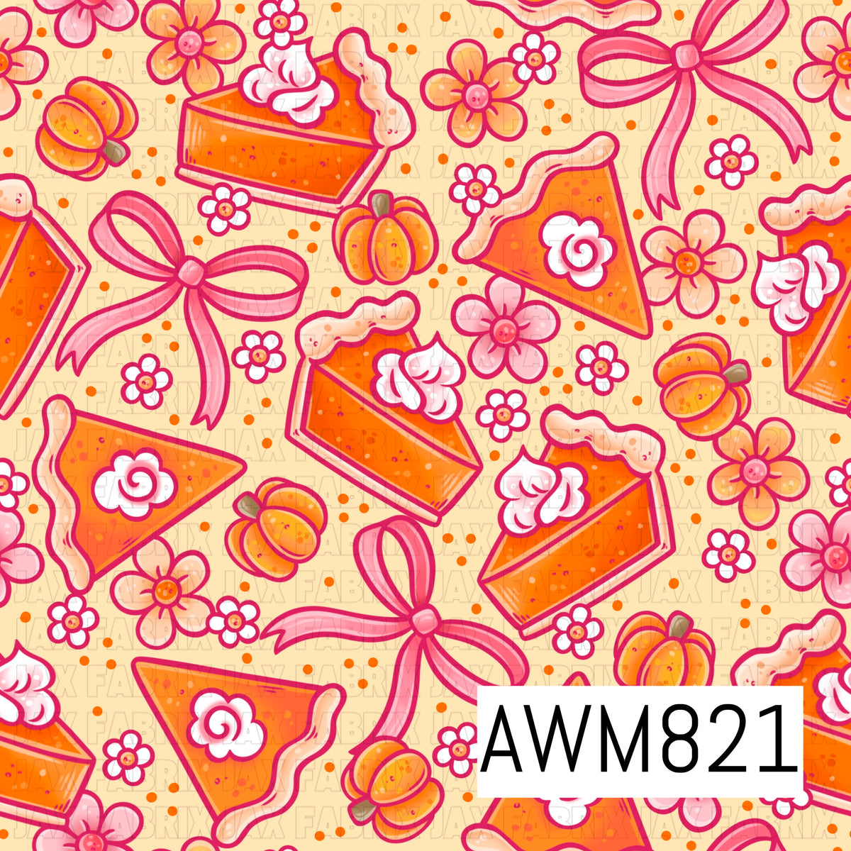 A sweet fall-themed seamless pattern featuring pumpkin pie slices, whipped cream-topped pie slices, pink bows, pumpkins, and dainty flowers scattered across a warm cream background. Bright shades of orange, pink, and cream create a cozy autumn design with a playful, whimsical aesthetic.