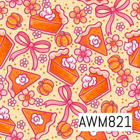 A sweet fall-themed seamless pattern featuring pumpkin pie slices, whipped cream-topped pie slices, pink bows, pumpkins, and dainty flowers scattered across a warm cream background. Bright shades of orange, pink, and cream create a cozy autumn design with a playful, whimsical aesthetic.