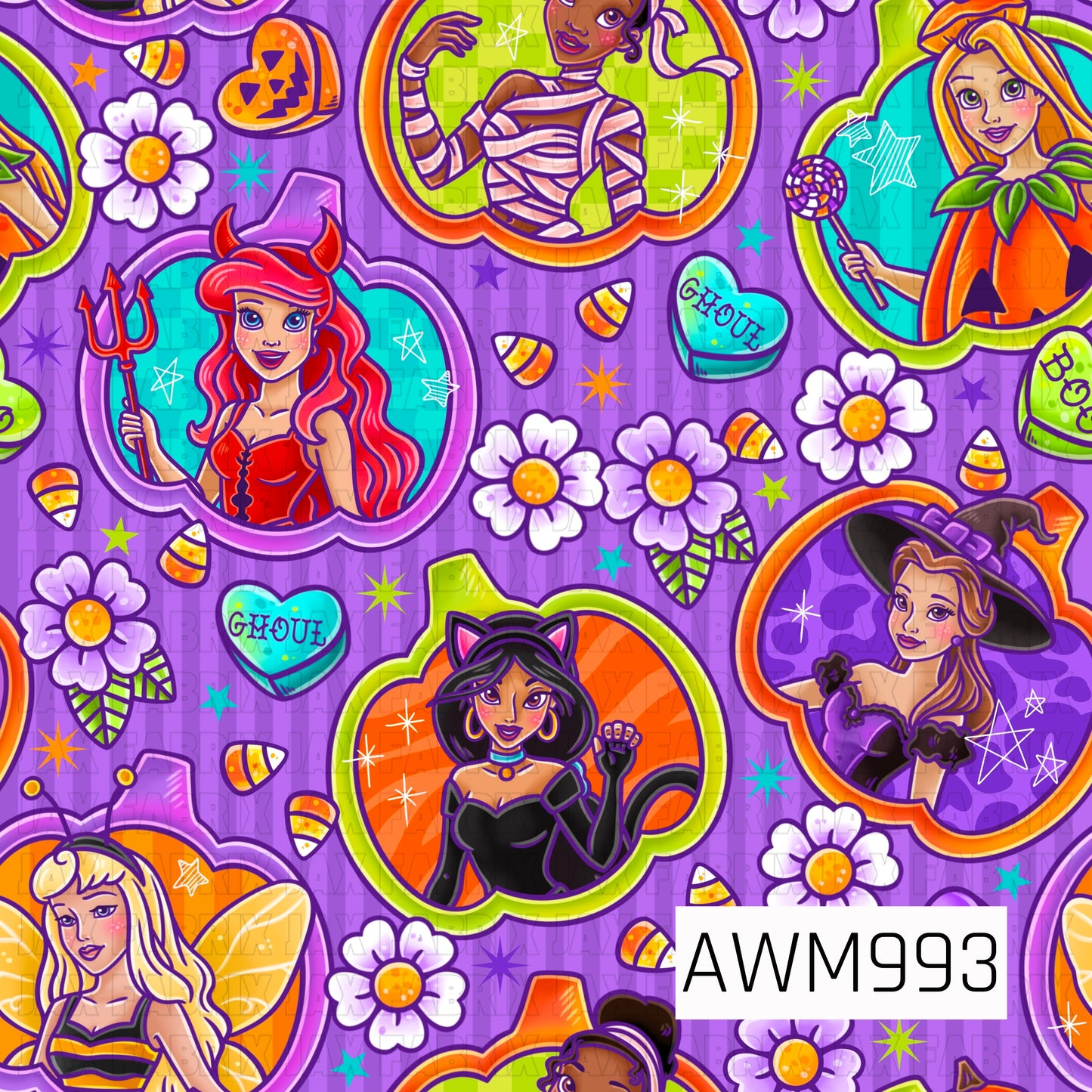 A vibrant Halloween pattern featuring storybook-inspired princesses dressed in whimsical costumes including a witch, mummy, devil, pumpkin, butterfly, and black cat. Set on a purple striped background with candy corn, daisies, stars, and spooky candy hearts, the design is filled with bright orange, teal, lime, and lavender accents for a playful Halloween look.
