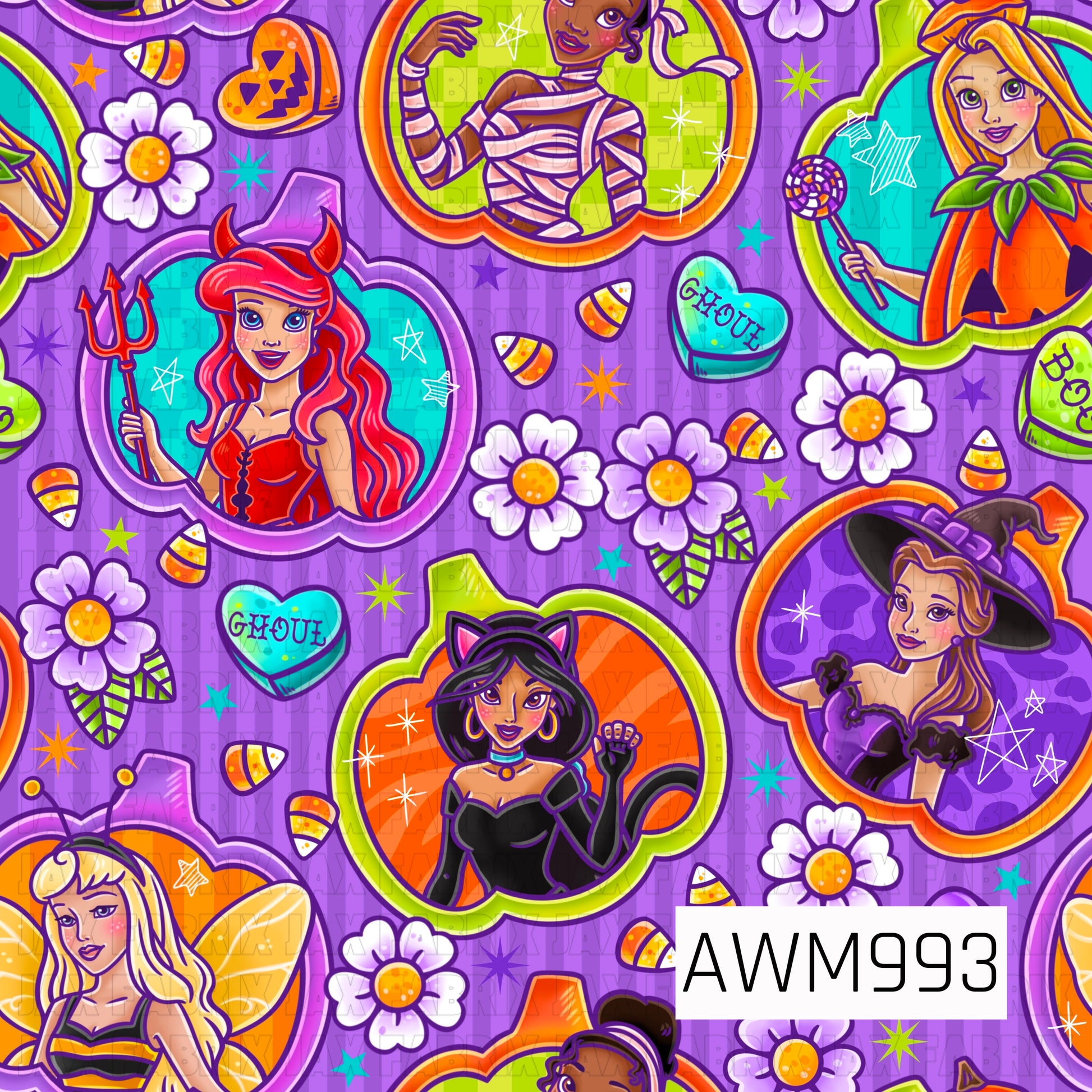 A vibrant Halloween pattern featuring storybook-inspired princesses dressed in whimsical costumes including a witch, mummy, devil, pumpkin, butterfly, and black cat. Set on a purple striped background with candy corn, daisies, stars, and spooky candy hearts, the design is filled with bright orange, teal, lime, and lavender accents for a playful Halloween look.
