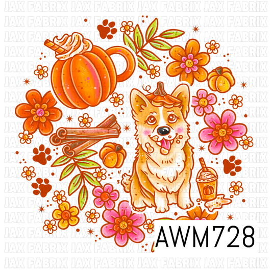 Cozy Corgi Fall PNG featuring an adorable corgi with a pumpkin hat, a pumpkin spice latte, cozy pumpkin mug, cinnamon sticks, colorful autumn florals, leafy accents, and mini pumpkins. These vibrant, high-quality PNG elements are perfect for sublimation, stickers, shirts, tumblers, seasonal décor, and cozy fall craft projects.