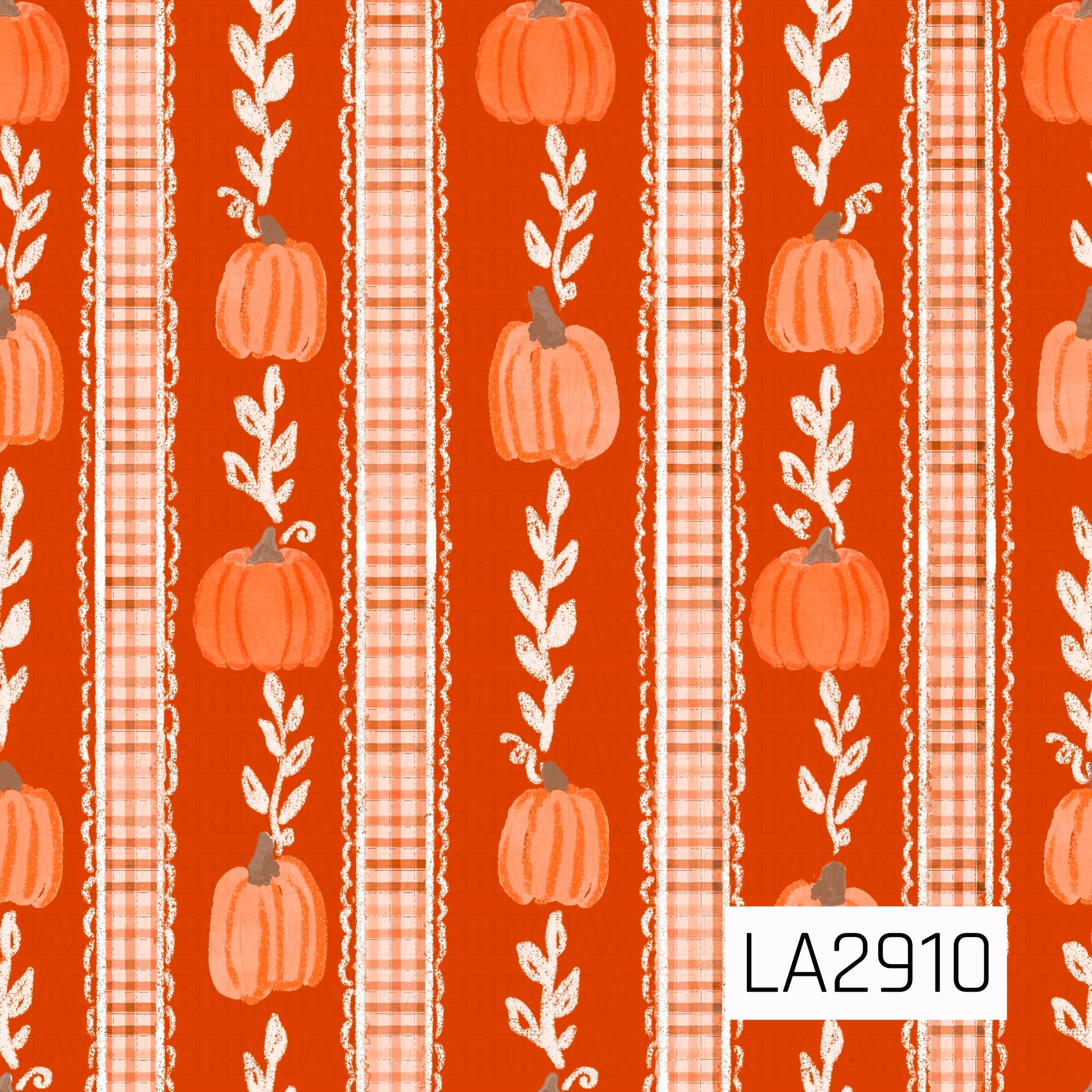 A charming watercolor stripe pattern featuring alternating plaid bands, leafy vines, and hand-painted pumpkins on a rich pumpkin orange background. The soft painted texture and warm seasonal palette create a cozy autumn coordinate that pairs beautifully with fall florals, harvest prints, and pumpkin-inspired collections.
