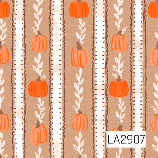 A charming watercolor stripe pattern featuring alternating stitched ribbon bands, leafy vines, and hand-painted pumpkins in warm shades of orange on a soft taupe background. The cozy autumn palette and delicate painted texture create a sweet seasonal coordinate that pairs beautifully with fall florals, harvest prints, and pumpkin-themed designs.
