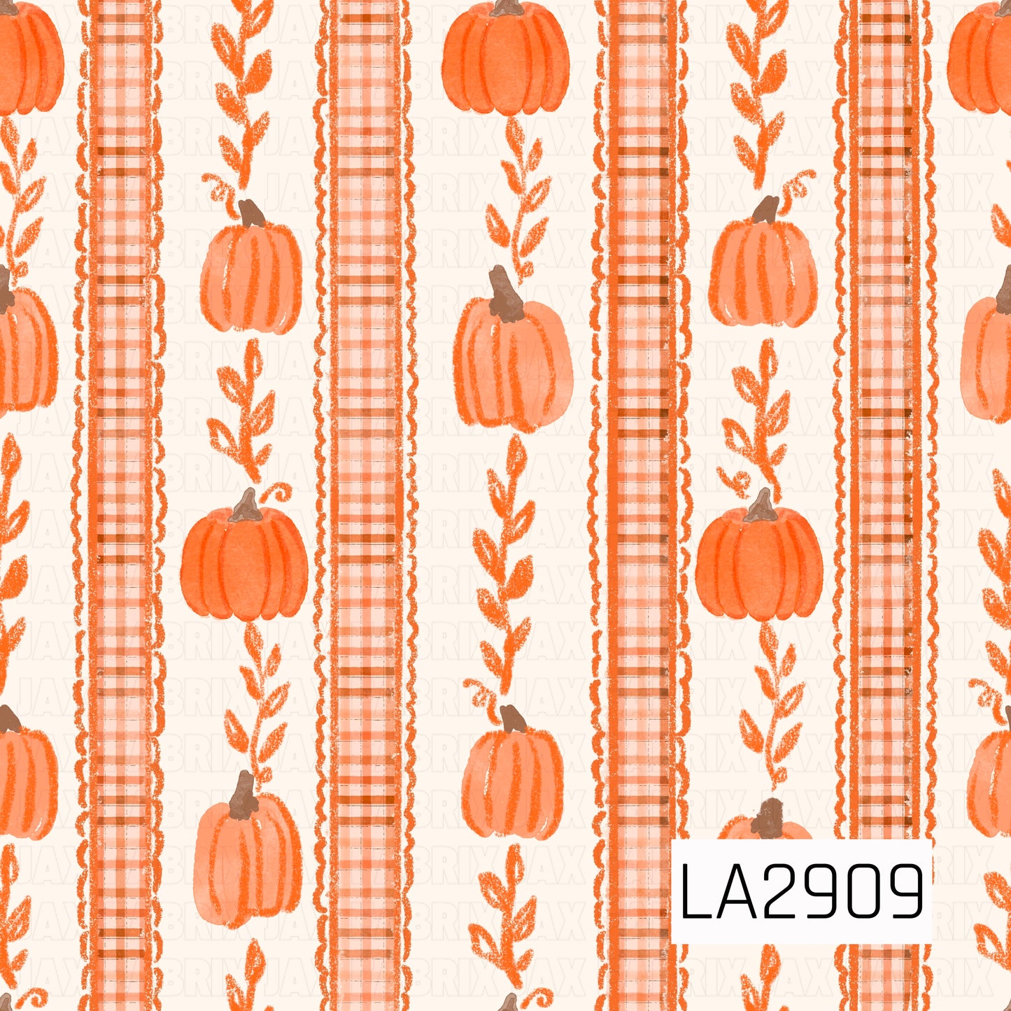 A charming watercolor stripe pattern featuring alternating plaid bands, leafy vines, and hand-painted pumpkins in warm shades of orange on a soft cream background. The delicate painted texture and cozy autumn palette create a versatile seasonal coordinate that pairs beautifully with fall florals, pumpkin-themed prints, and harvest-inspired collections.
