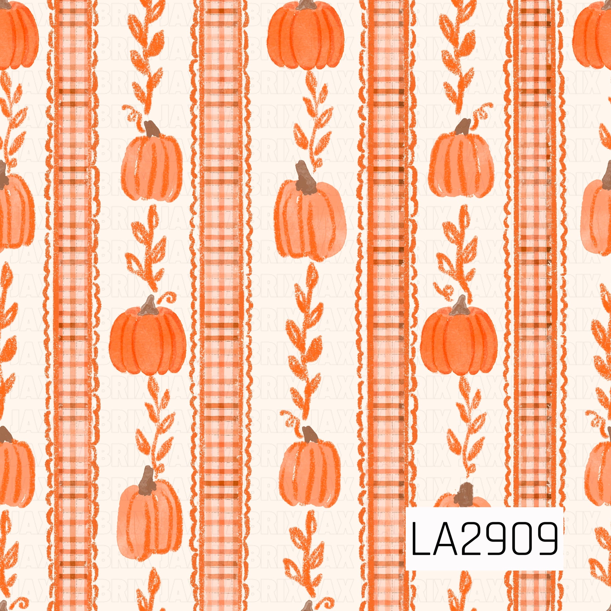 A charming watercolor stripe pattern featuring alternating plaid bands, leafy vines, and hand-painted pumpkins in warm shades of orange on a soft cream background. The delicate painted texture and cozy autumn palette create a versatile seasonal coordinate that pairs beautifully with fall florals, pumpkin-themed prints, and harvest-inspired collections.
