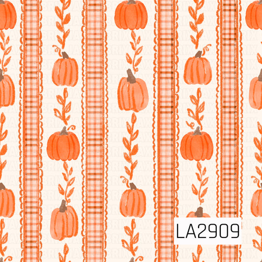 A charming watercolor stripe pattern featuring alternating plaid bands, leafy vines, and hand-painted pumpkins in warm shades of orange on a soft cream background. The delicate painted texture and cozy autumn palette create a versatile seasonal coordinate that pairs beautifully with fall florals, pumpkin-themed prints, and harvest-inspired collections.
