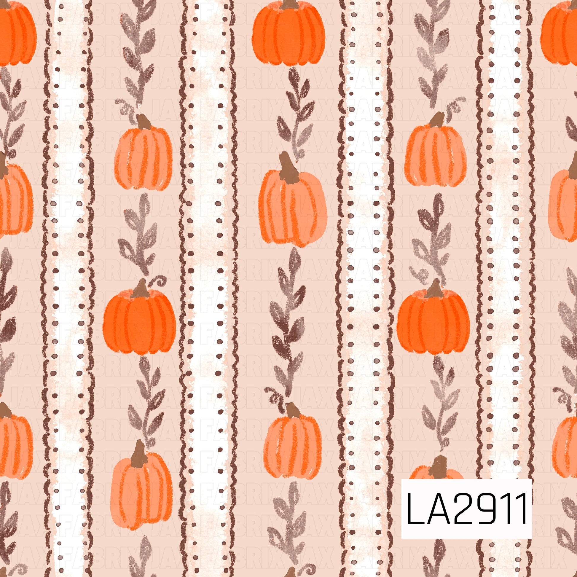 A sweet autumn stripe design featuring hand-painted orange pumpkins nestled between soft leafy vines and textured ribbon-inspired bands with delicate dotted accents. The warm oat background and muted neutral tones give this pattern a cozy farmhouse feel that coordinates beautifully with fall florals, plaids, and harvest-themed collections.
