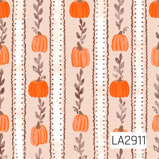 A sweet autumn stripe design featuring hand-painted orange pumpkins nestled between soft leafy vines and textured ribbon-inspired bands with delicate dotted accents. The warm oat background and muted neutral tones give this pattern a cozy farmhouse feel that coordinates beautifully with fall florals, plaids, and harvest-themed collections.
