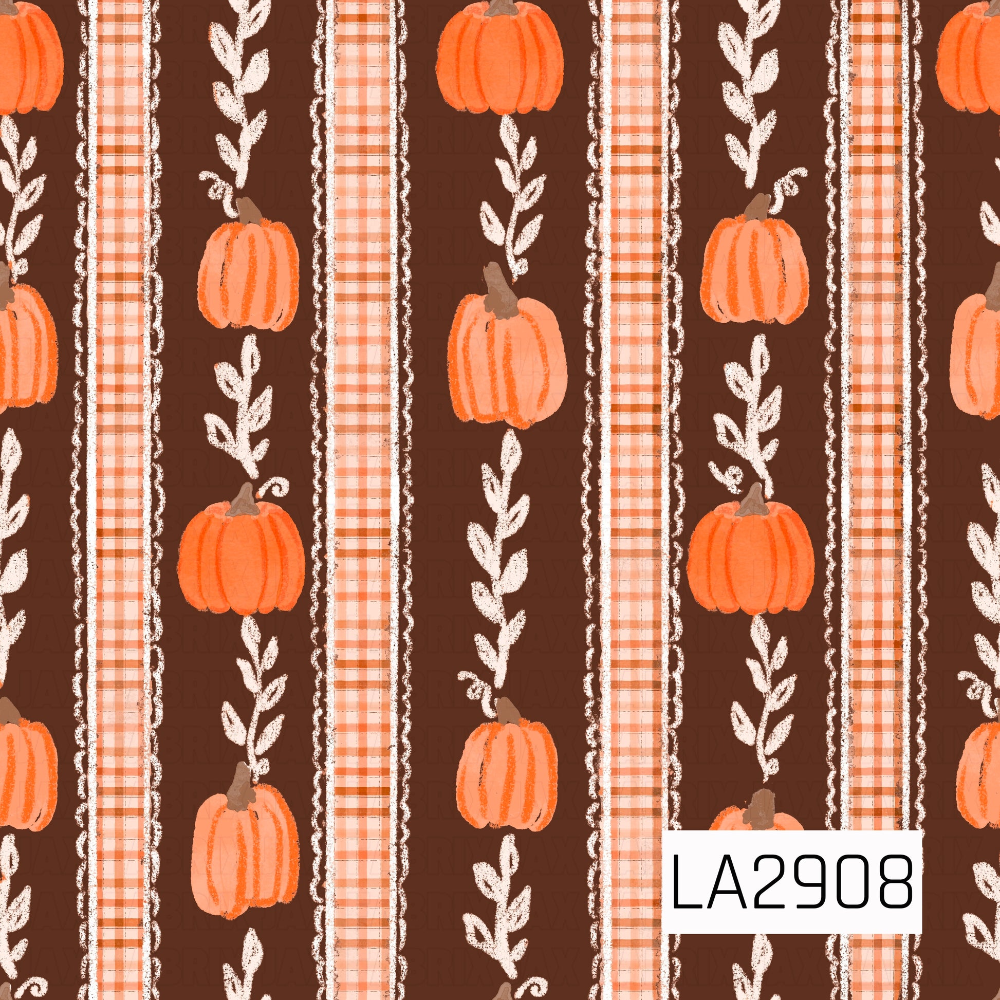 A cozy watercolor stripe pattern featuring alternating plaid bands, leafy vines, and hand-painted pumpkins on a rich chocolate brown background. The warm autumn colors and rustic painted details create a charming seasonal coordinate that pairs beautifully with harvest florals, pumpkin prints, and cozy fall collections.
