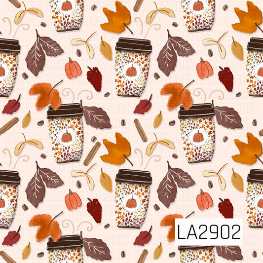 A charming watercolor autumn pattern featuring pumpkin-themed coffee cups accented with cinnamon sticks, coffee beans, colorful fall leaves, mini pumpkins, and seed pods. Set against a soft cream background, the cozy seasonal elements create a warm, inviting design filled with classic fall charm and pumpkin spice vibes.
