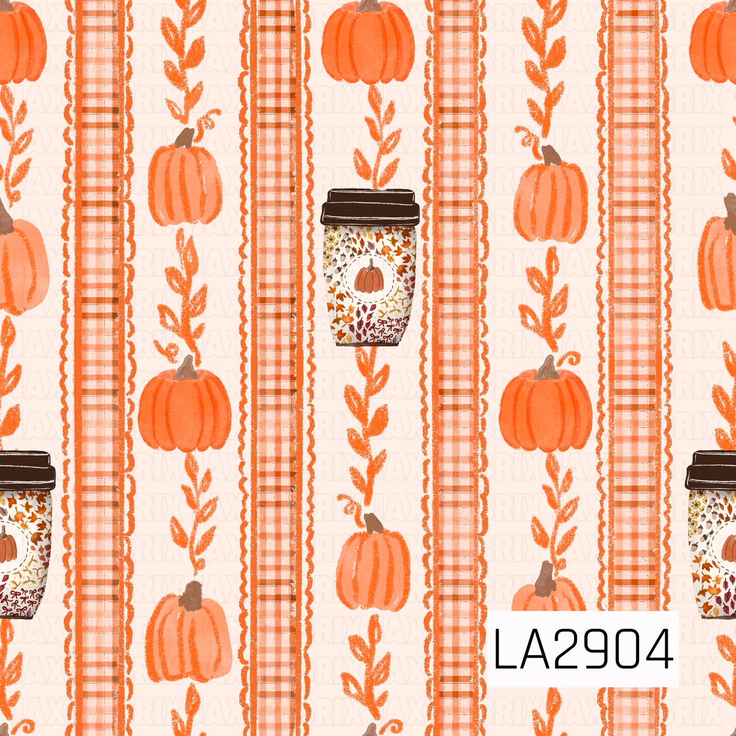A charming watercolor stripe pattern featuring alternating plaid bands, leafy vines, mini pumpkins, and pumpkin-themed coffee cups on a soft cream background. The warm orange palette and hand-painted details create a cozy autumn coordinate that pairs beautifully with seasonal florals, pumpkins, and harvest-inspired designs.
