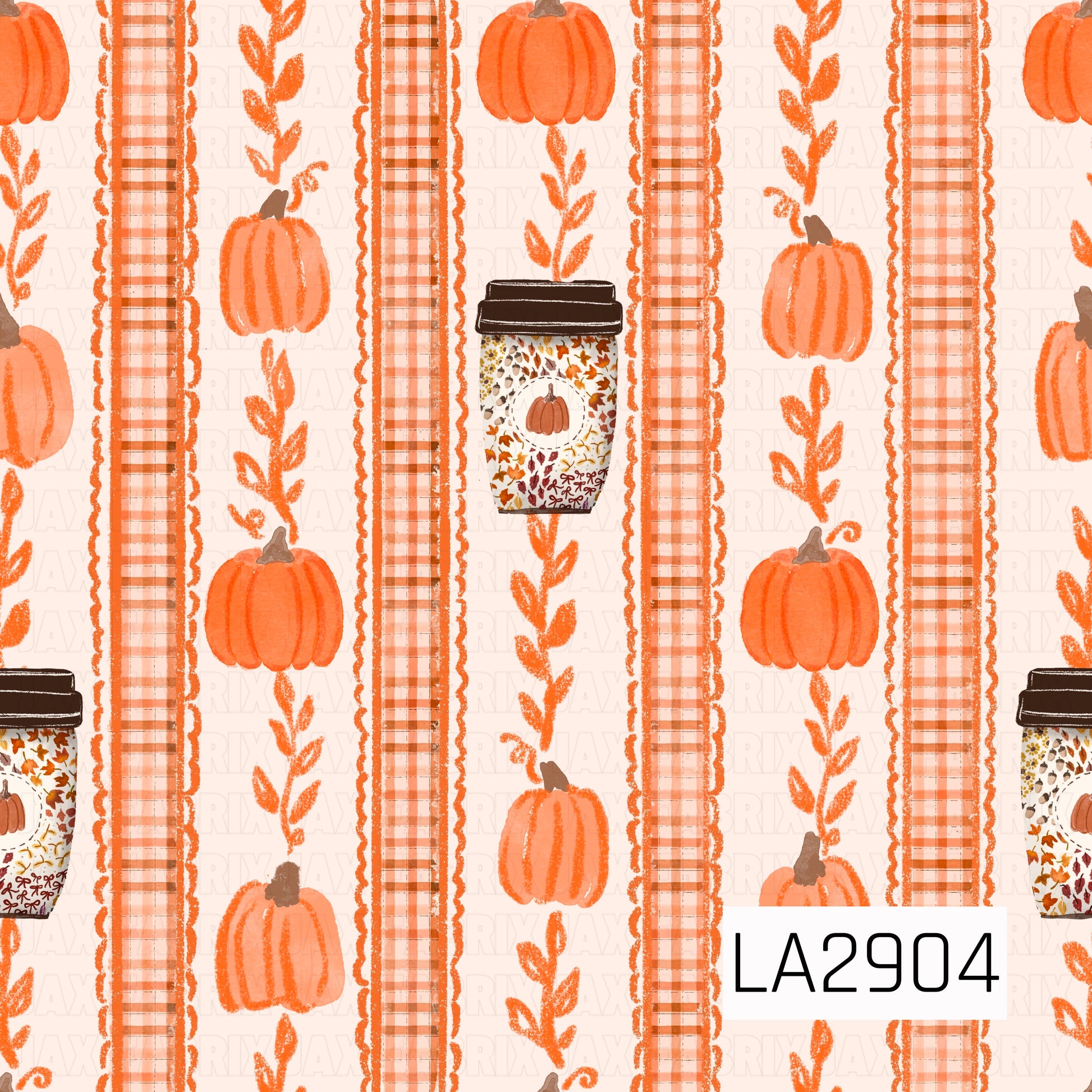 A charming watercolor stripe pattern featuring alternating plaid bands, leafy vines, mini pumpkins, and pumpkin-themed coffee cups on a soft cream background. The warm orange palette and hand-painted details create a cozy autumn coordinate that pairs beautifully with seasonal florals, pumpkins, and harvest-inspired designs.
