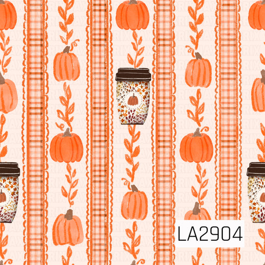 A charming watercolor stripe pattern featuring alternating plaid bands, leafy vines, mini pumpkins, and pumpkin-themed coffee cups on a soft cream background. The warm orange palette and hand-painted details create a cozy autumn coordinate that pairs beautifully with seasonal florals, pumpkins, and harvest-inspired designs.
