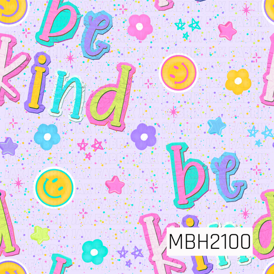 pattern with lavender spotted, floral, smiley face, and star background with the words "be kind" pink, purple, teal blue, and yellow