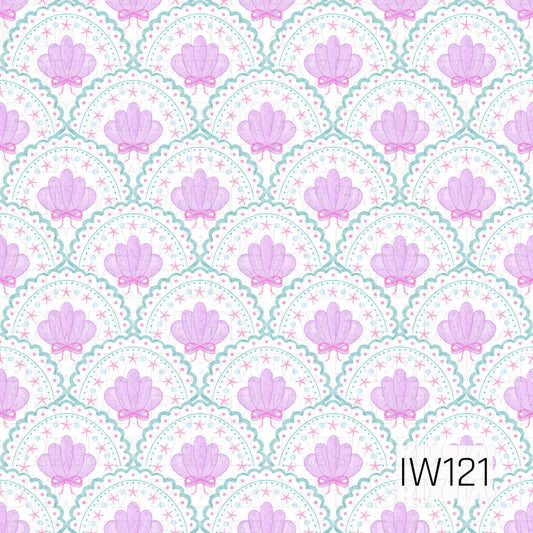 A whimsical ocean-inspired seamless pattern featuring soft watercolor lavender seashells accented with delicate pink bows. Each shell sits inside a scalloped aqua blue arch decorated with tiny pink dots, pink starfish, and dainty blue swirls. The repeating design creates a sweet, feminine coastal look with a dreamy pastel color palette against a crisp white background.