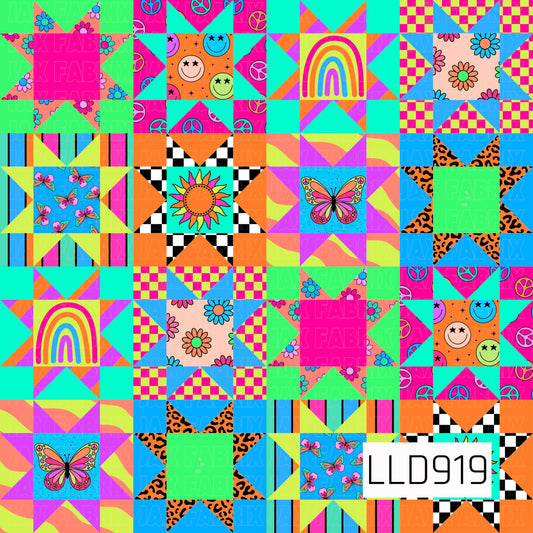 A bold, colorful quilt-inspired seamless pattern featuring a mix of playful patchwork blocks. Designs include rainbows, smiley faces, peace signs, butterflies, daisies, sunflowers, leopard print, checkerboards, stripes, and retro geometric shapes in vibrant shades of pink, turquoise, orange, lime green, blue, and purple.
