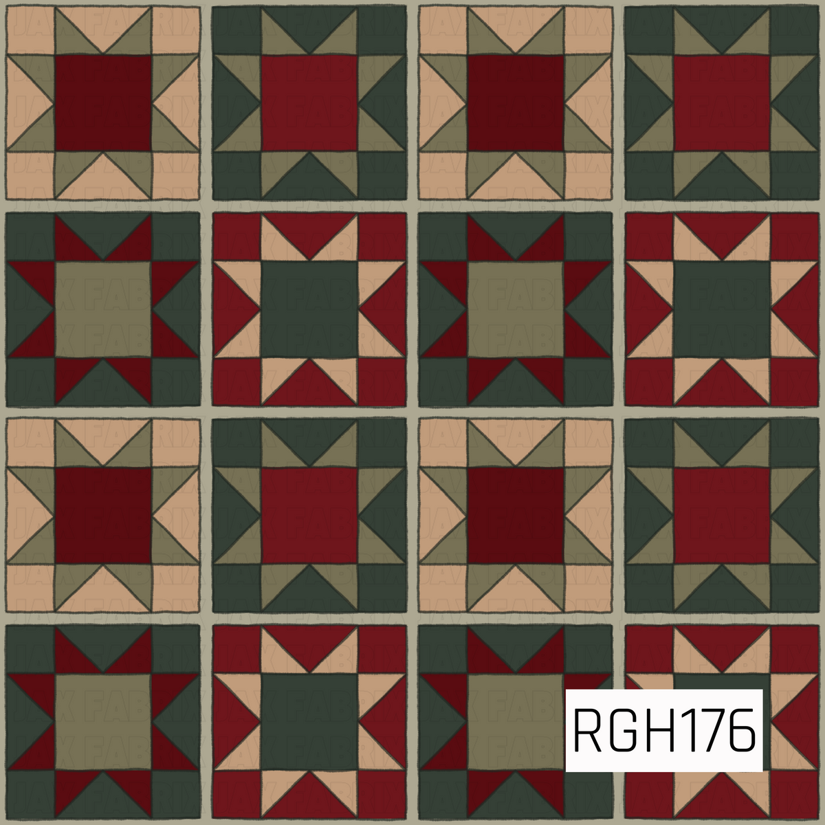 A vintage-inspired quilt pattern featuring repeating geometric star blocks in rich burgundy red, deep forest green, muted olive, and warm tan. Contrasting triangles surround solid center squares, creating a classic patchwork design. Slightly imperfect outlines and subtle distressed textures give the pattern a cozy, hand-stitched appearance with a nostalgic farmhouse Christmas feel.