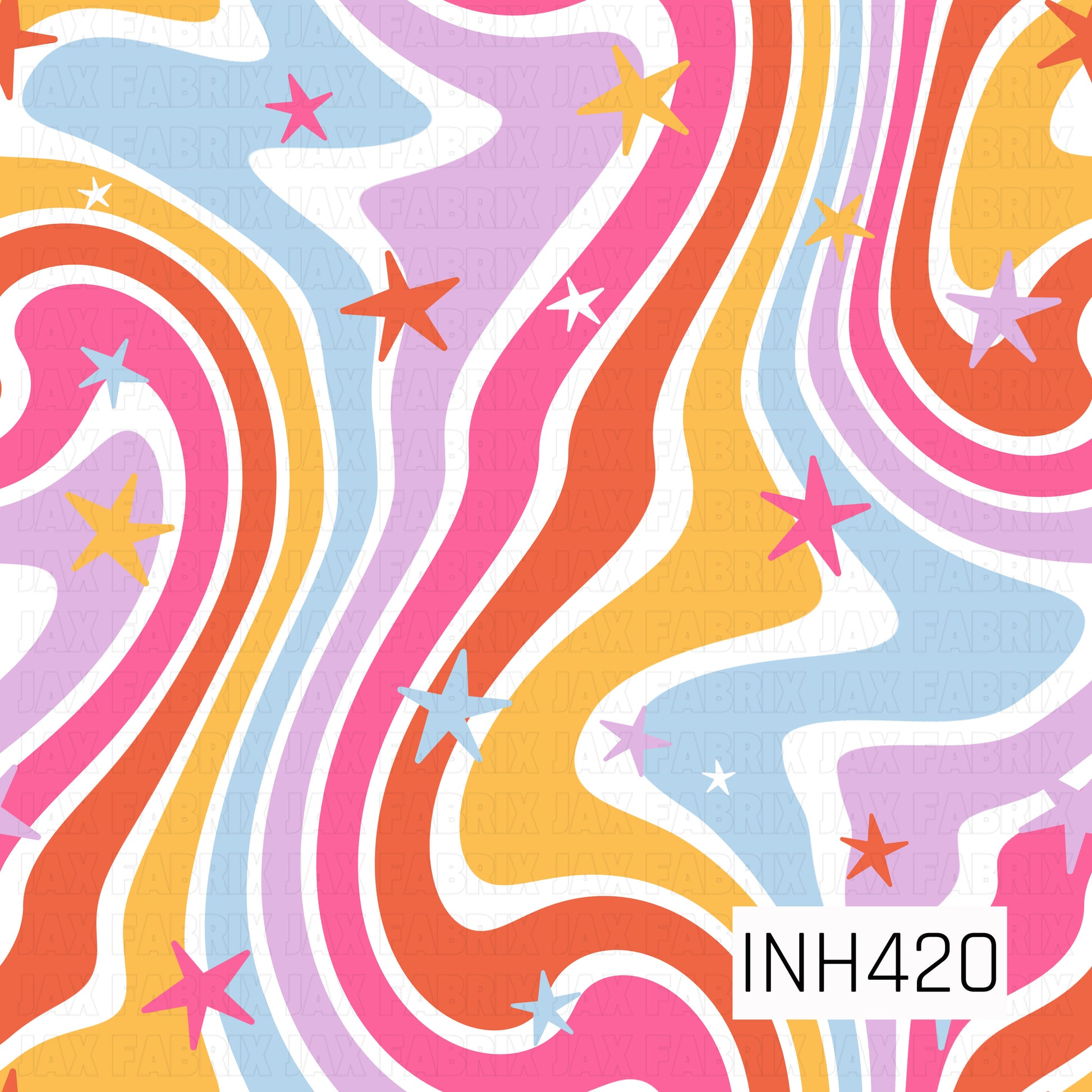 Retro wavy stripes in hot pink, coral orange, golden yellow, lavender, and baby blue, accented with scattered colorful stars and white space.
