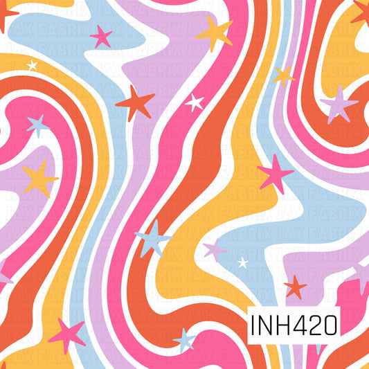 Retro wavy stripes in hot pink, coral orange, golden yellow, lavender, and baby blue, accented with scattered colorful stars and white space.
