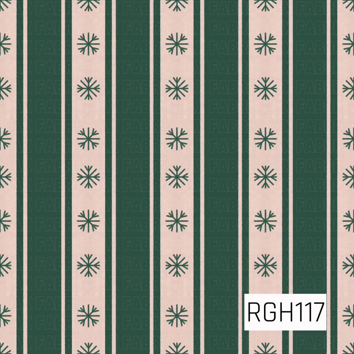 A festive holiday stripe featuring deep forest green vertical bands alternating with soft creamy ivory stripes. Simple green snowflakes are evenly spaced along the ivory sections for a clean, classic Christmas look.
