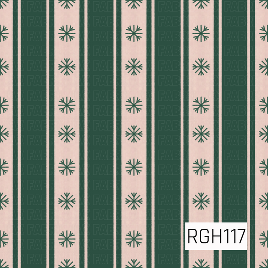 A festive holiday stripe featuring deep forest green vertical bands alternating with soft creamy ivory stripes. Simple green snowflakes are evenly spaced along the ivory sections for a clean, classic Christmas look.

