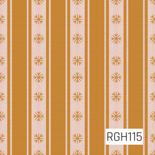 A warm, retro-inspired striped pattern featuring golden mustard vertical bands alternating with soft cream stripes. Simple coordinating mustard snowflakes are evenly spaced along the cream sections for a cozy, festive holiday look.
