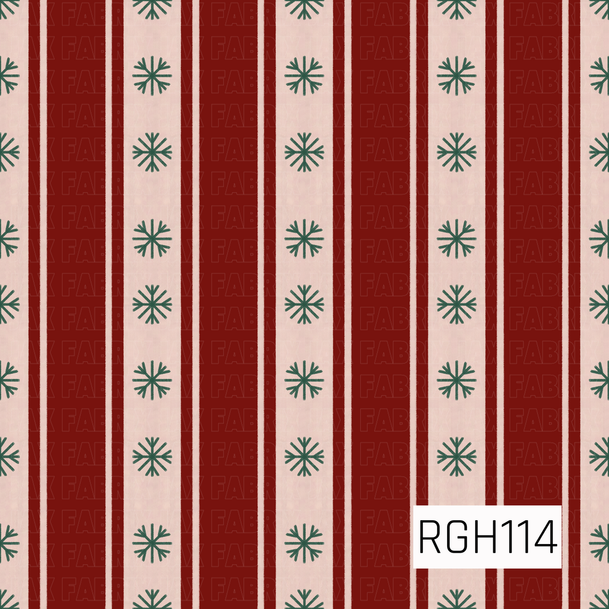 A festive striped pattern featuring rich red vertical bands alternating with soft cream stripes. Simple forest green snowflakes are evenly spaced throughout the cream sections, giving the design a cozy, classic Christmas feel.
