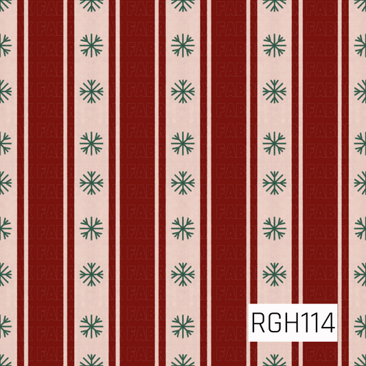 A festive striped pattern featuring rich red vertical bands alternating with soft cream stripes. Simple forest green snowflakes are evenly spaced throughout the cream sections, giving the design a cozy, classic Christmas feel.
