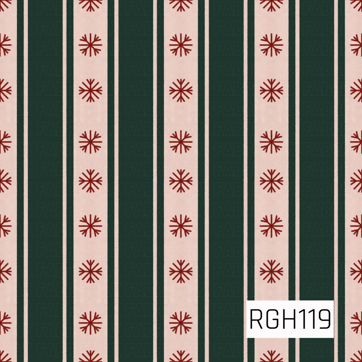 A classic Christmas stripe featuring deep forest green vertical bands alternating with soft cream stripes. Rich red snowflakes are evenly spaced along the cream sections, creating a simple festive holiday pattern.
