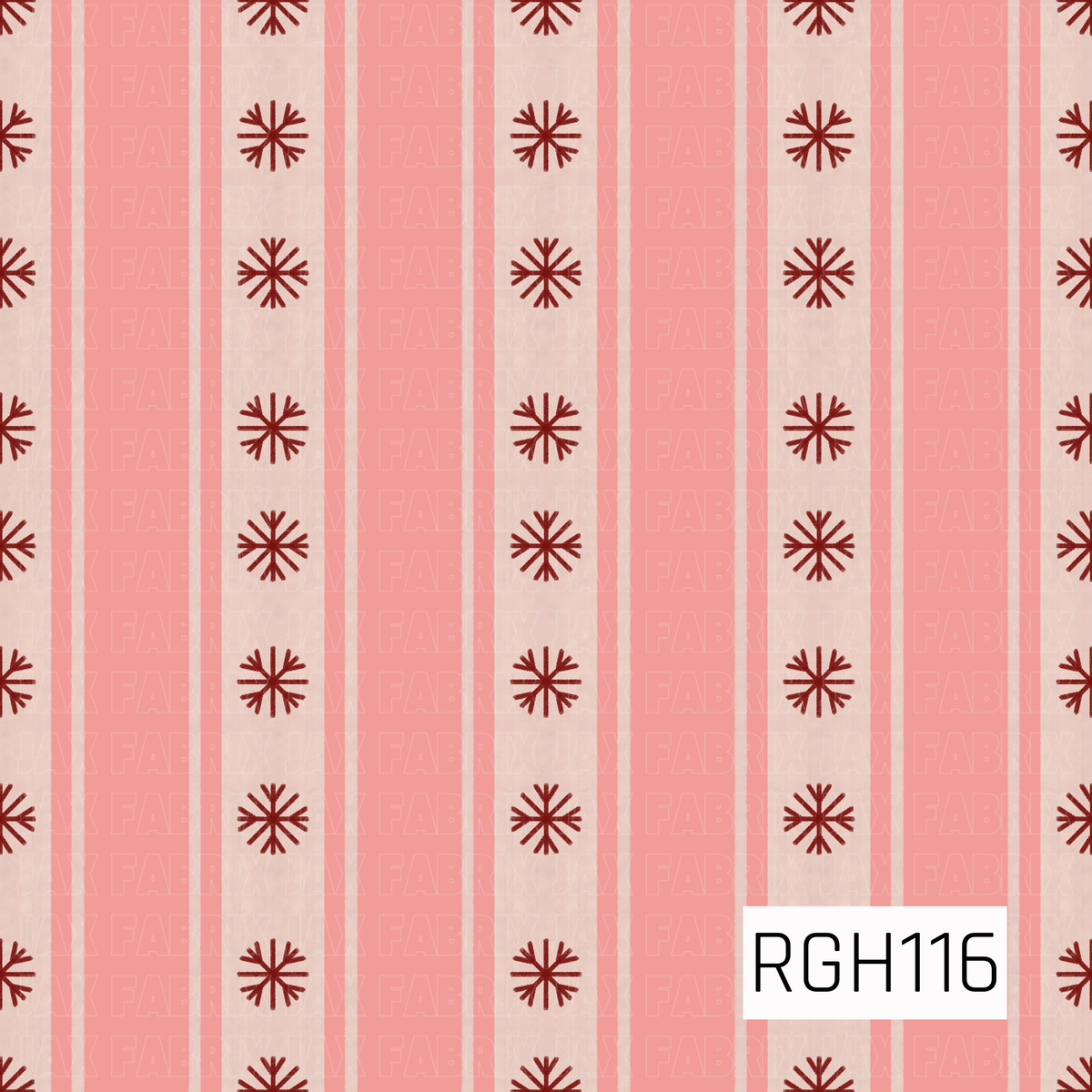 A playful holiday stripe featuring soft pink vertical bands alternating with creamy ivory stripes. Deep red snowflakes are evenly scattered down the ivory sections, giving the design a sweet retro Christmas feel.
