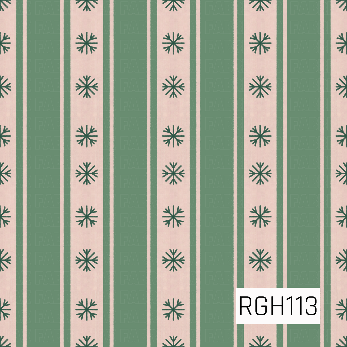 A festive striped pattern featuring muted sage green vertical bands alternating with soft cream stripes. Simple dark forest green snowflakes are evenly spaced along the cream sections, creating a clean, cozy Christmas design.
