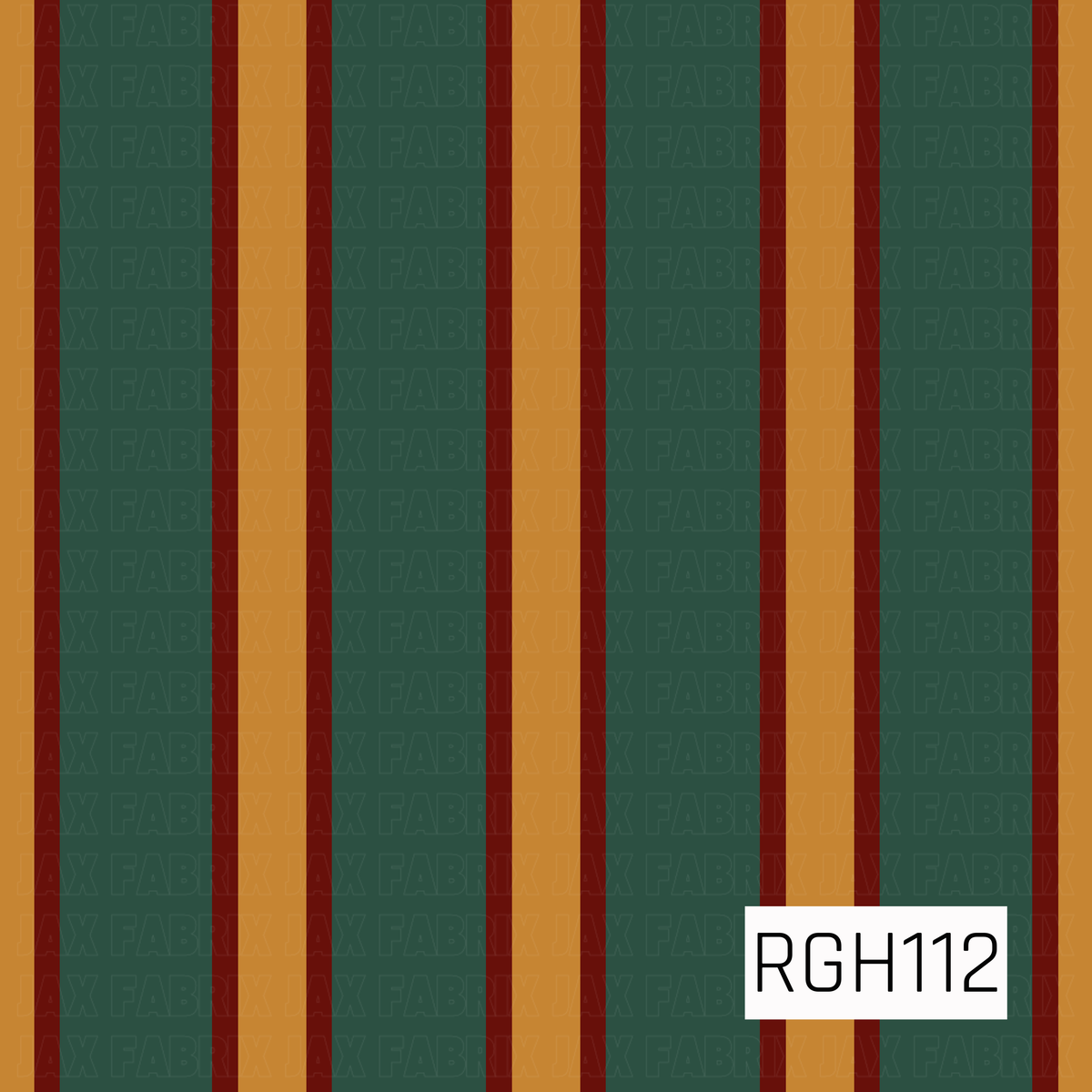 A bold retro striped pattern featuring wide vertical bands of deep forest green and warm mustard, separated by narrow rich red stripes. The earthy holiday-inspired color palette gives this simple repeating design a cozy vintage feel.
