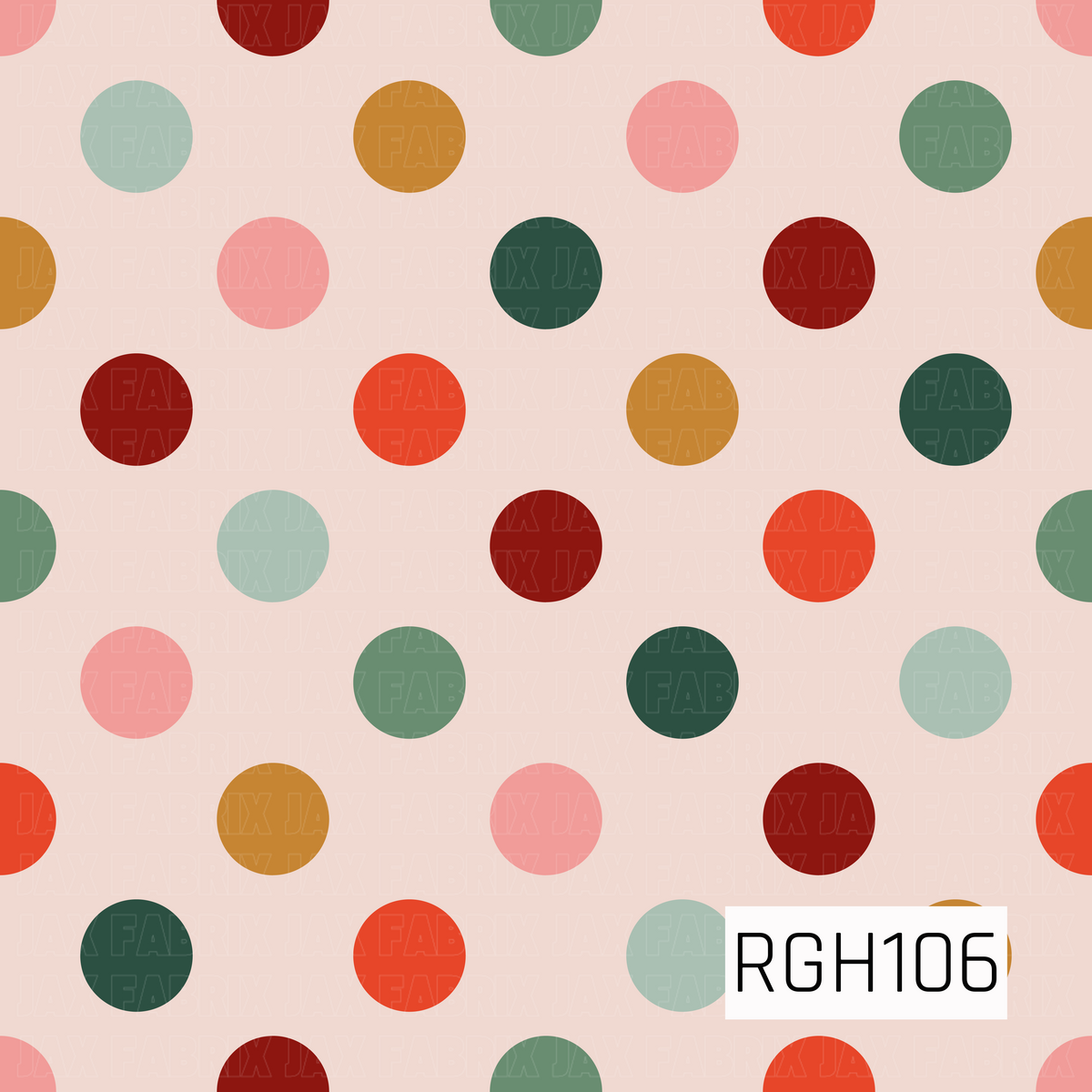A playful multicolor polka dot pattern featuring evenly spaced dots in shades of deep red, coral, blush pink, mustard gold, sage, and forest green on a soft cream background.

